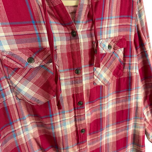 Boston Traders Pink Plaid Hooded Button Up Roll Tab Sleeve Flannel Shirt Size M - Picture 4 of 10